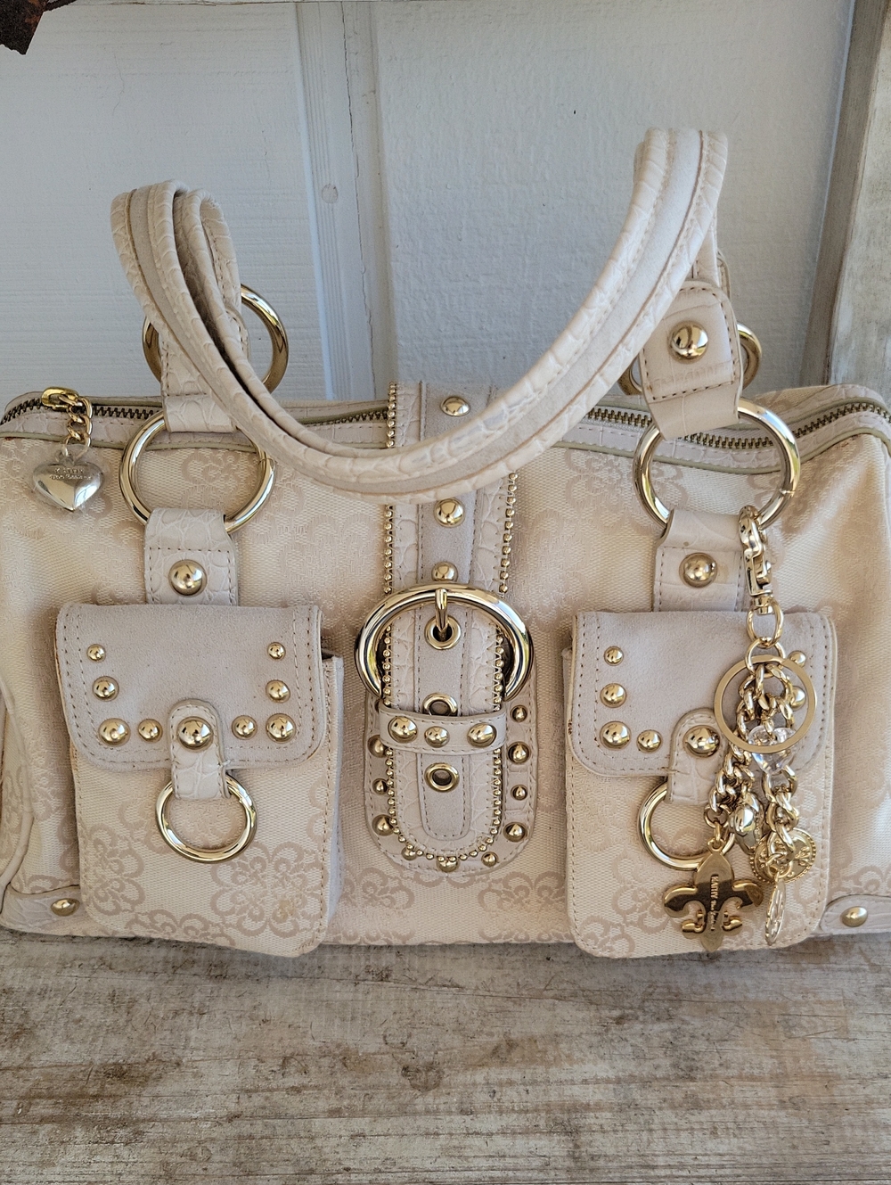 Kathy Van Zeeland Cream Satchel with Gold Hardware and Charms